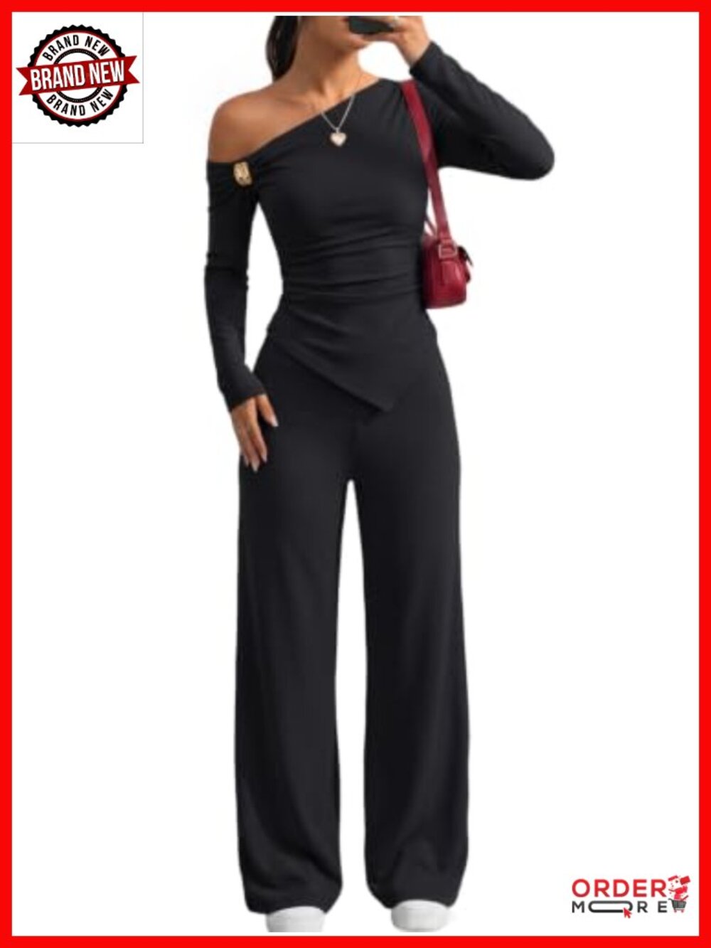 Womens 2 Piece Off Shoulder Ruched Top Wide Leg Pant Lounge Set Rayon Spandex